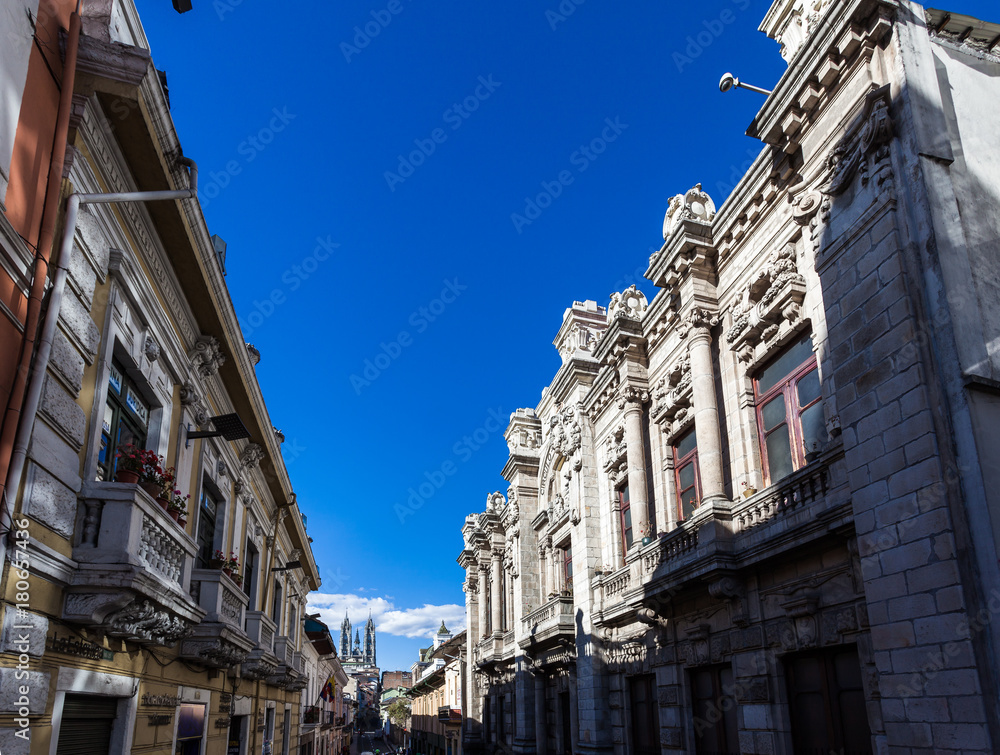 Quito, Ecuador: Buildings of neoclassical style in the historical center of the city with the typical blue sky of summer.