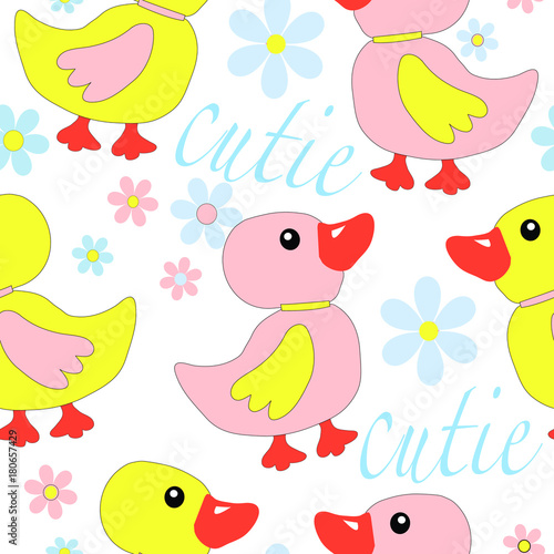 Seamless vector pattern with cute ducks and flowers.