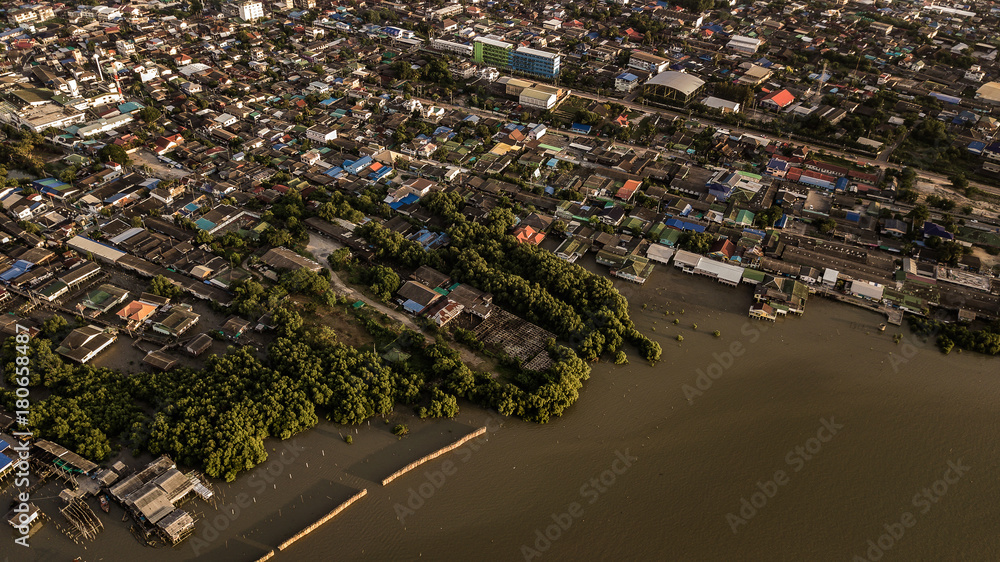 Aerial view of Large community Living by the sea, Thailand Aerial view of Large community Living by the sea, Thailand