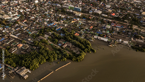 Aerial view of Large community Living by the sea, Thailand