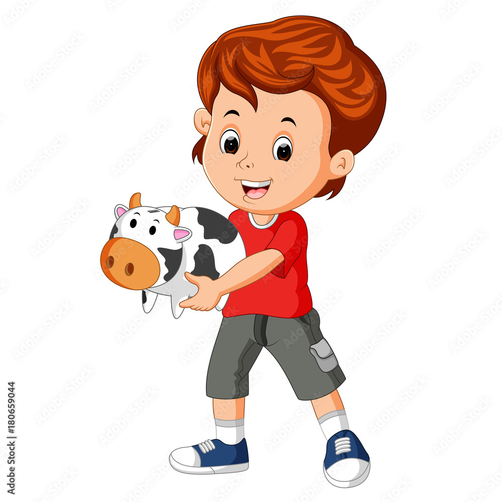 little boy holding cow bank little boy holding cow bank