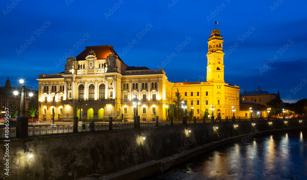Oradea City Hall and quay in night