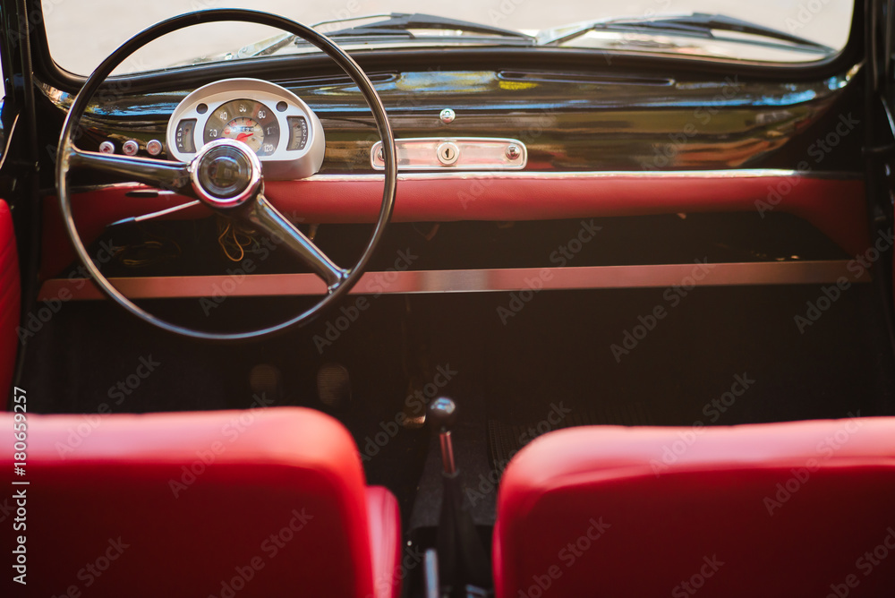 Close-up of steering wheel of a vintage car Stock Photo | Adobe Stock