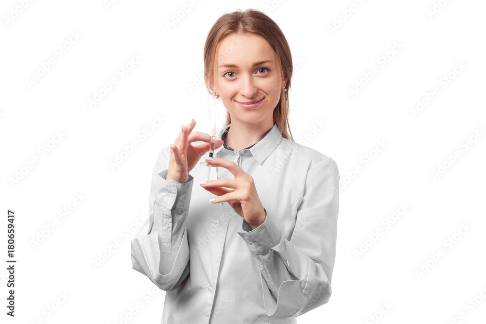 Doctor woman in white lab coat with syringe Doctor woman in white lab coat with syringe