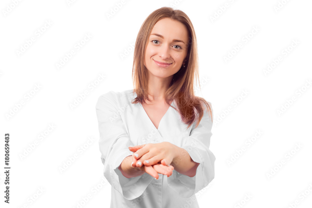 Beautician woman doctor in white lab coat Beautician woman doctor in white lab coat