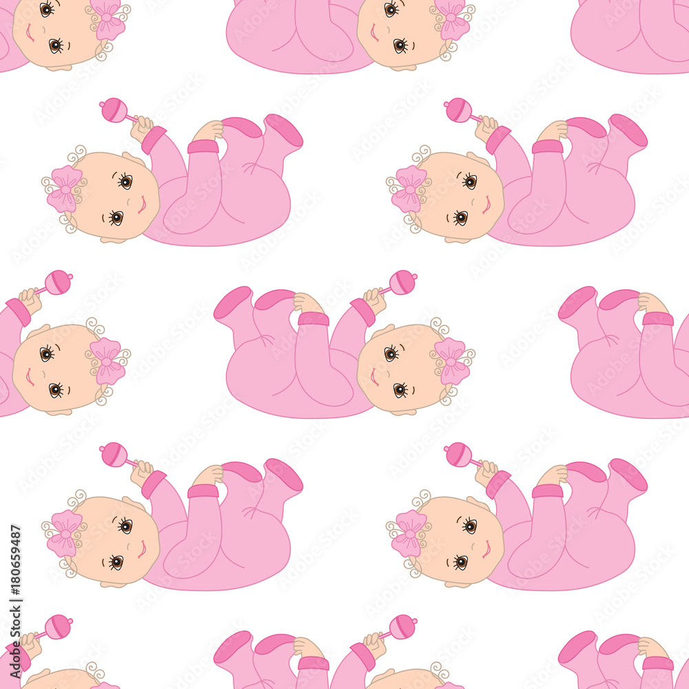Vector Seamless Pattern with Cute Baby Girl 