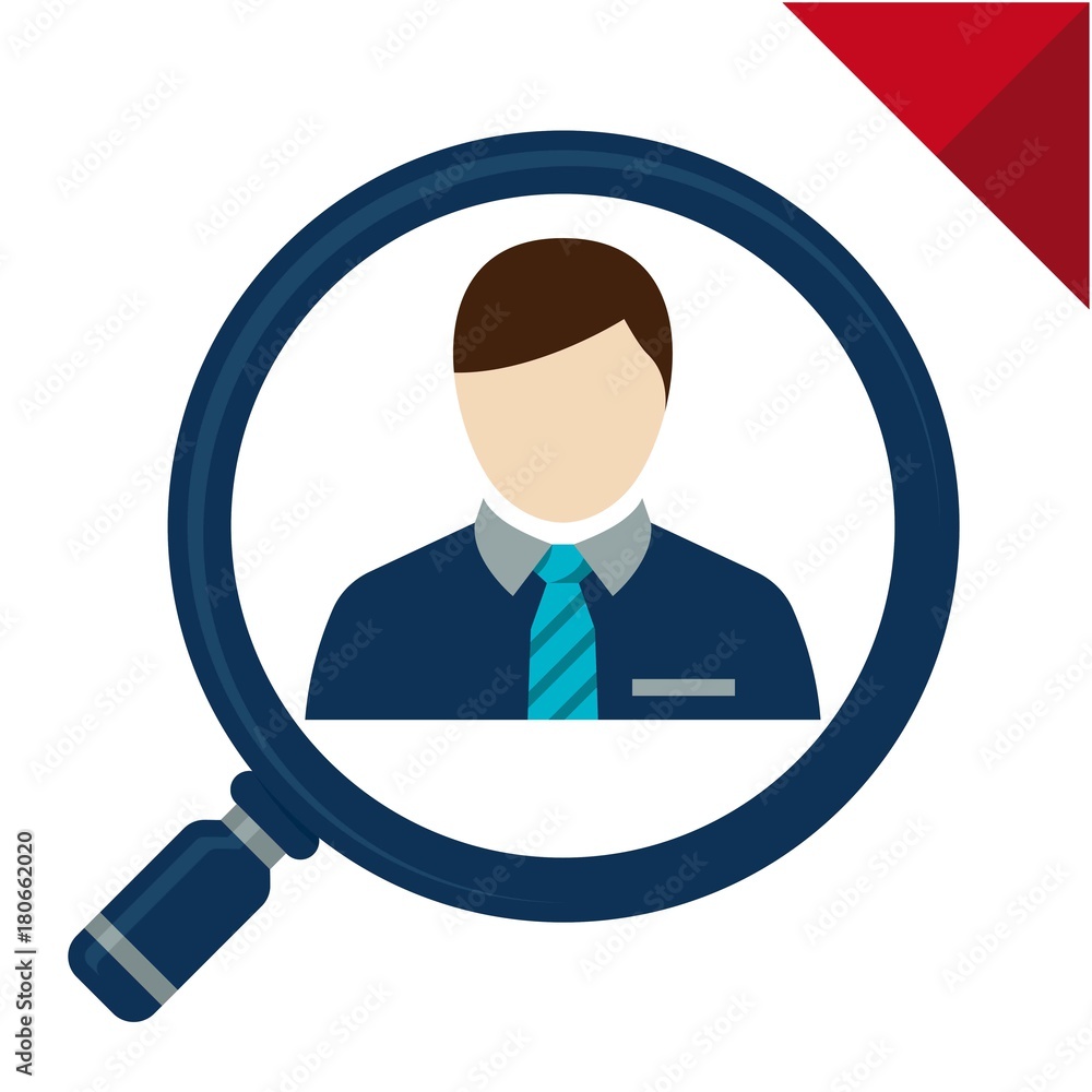 abstract icon for employee search / recruitment, illustrated with magnifying glass and employee profile abstract icon for employee search / recruitment, illustrated with magnifying glass and employee profile