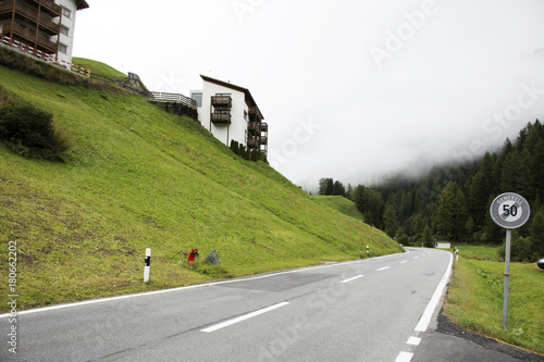 Villages of Tschlin and Ramosch at beside road and street for go to Samnaun at Graubunden region in Switzerland photo