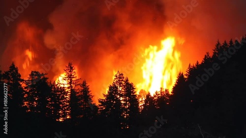 Large forest fire burns the tree covered side of a mountain near Portland Oregon