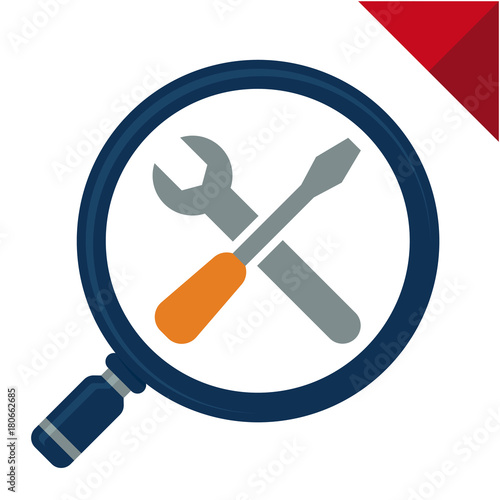 Abstract logo icons with search concept, for technician / setup services, illustrated with magnifying glass, screwdriver and wrench