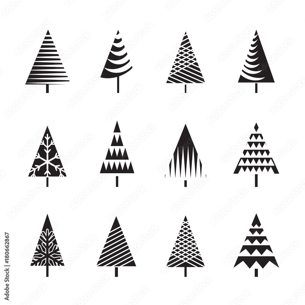 Obraz premium Set of Black Christmas Trees. Vector Illustration and Icons.