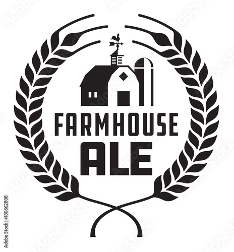 Farmhouse Ale Badge or Label.
Craft beer vector design features wheat or barley wreath with barn, silo and weather vane.