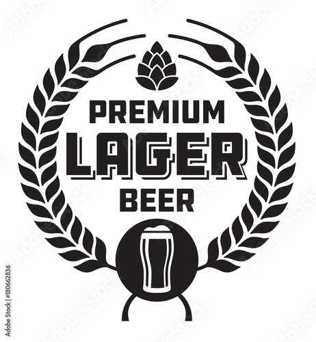 Lager Beer Badge or Label.
Craft beer vector design features wheat or barley wreath, hops and glass of beer.