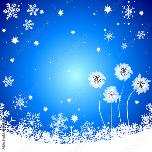 Winter concept vector and illustration with bright blue sky background with snowflakes and snowfall  white winter flower