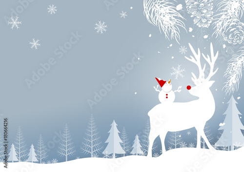 Christmas background design of reindeer and pine leaves with snowflake in the forest winter vector illustration