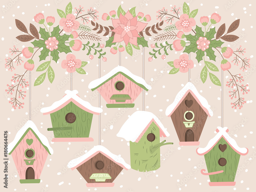 Vector Birdhouses Hanging from Floral Christmas Branch 