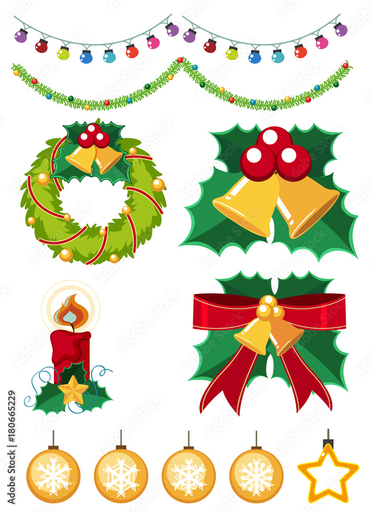 Fototapeta premium Different christmas ornaments on white background