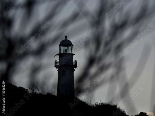 Lighthouse seen through bushes that brings a more mysterious tonality to the light symbol of nautical coastline shore