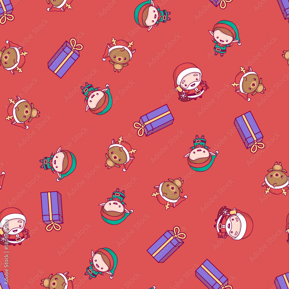 New Year pattern. santa claus, elf, deer on a red background New Year pattern. santa claus, elf, deer on a red background