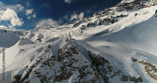 Snowy Backcountry Andes Mountains Sunny Day Winter Weather - Cajon de Maipo, Chile Aerial Drone View