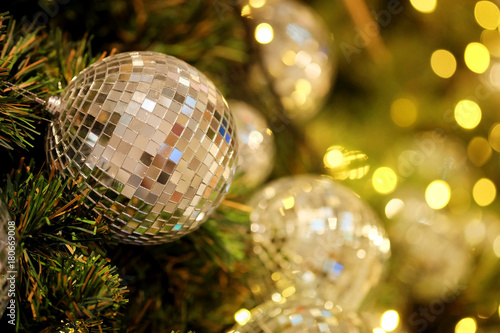 close up mirror ball or Christmas ball to decorative for Christmas festival with bokeh background. Have some space for write wording