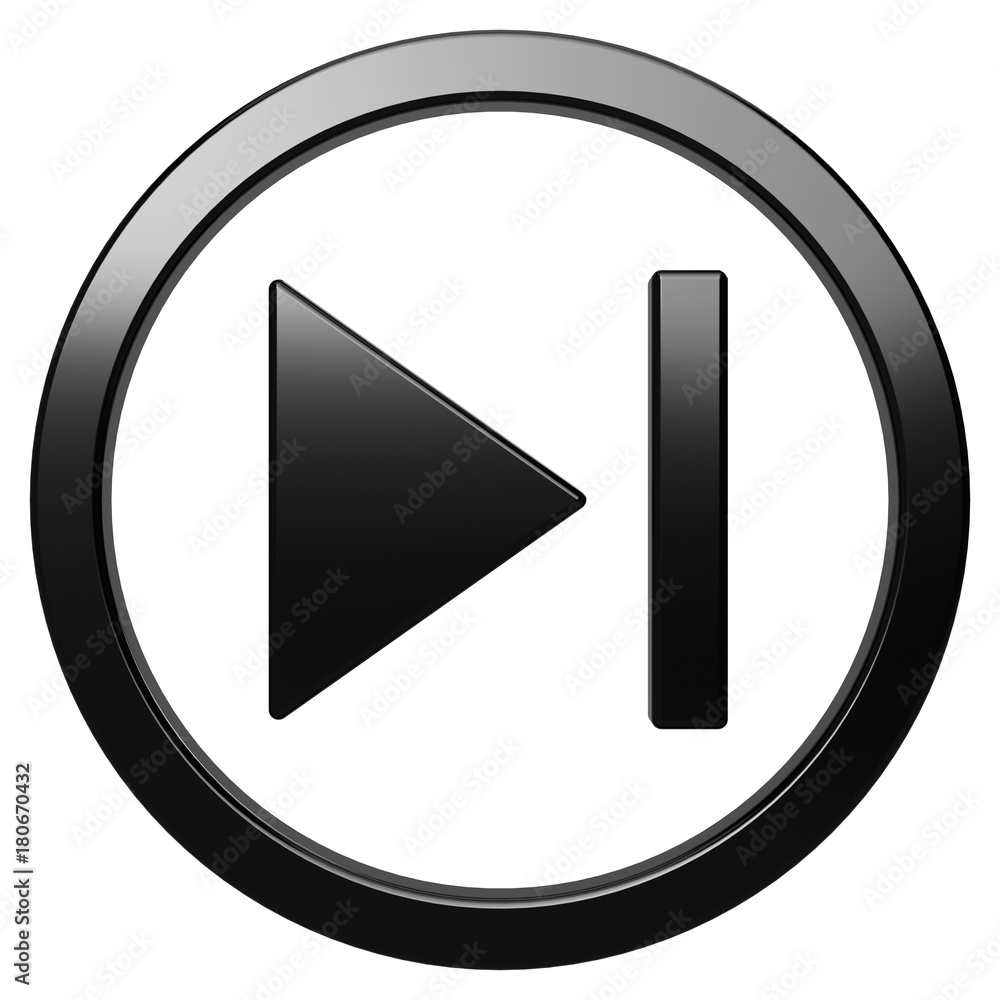 Play next icon. Black round 3d button with frame Play next icon. Black round 3d button with frame