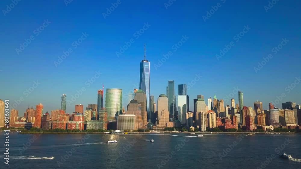 Panning video: Aerial cityscape view of New York City, One World Trade Center and Lower Manhattan Panning video: Aerial cityscape view of New York City, One World Trade Center and Lower Manhattan