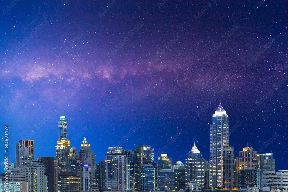 Fototapeta premium Milky way galaxy with stars and space dust in the universe over the night city