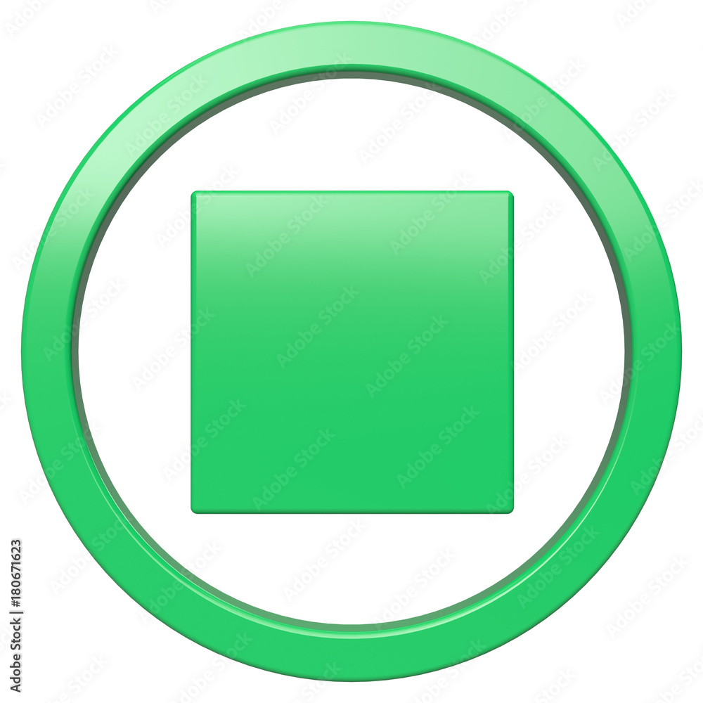 Stop icon. Green round 3d button with frame Stop icon. Green round 3d button with frame