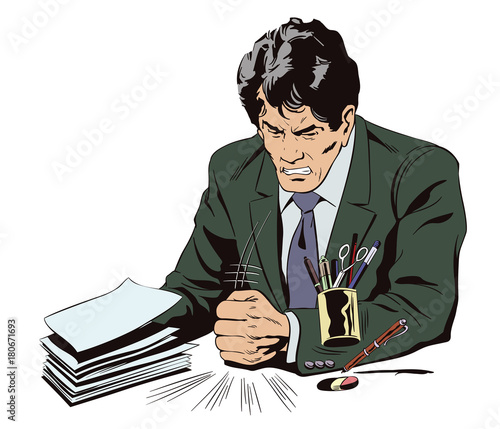 Angry businessman knocks on table with his fist. Stock illustration.