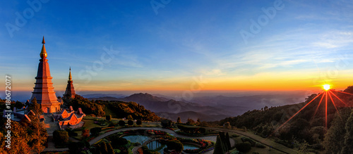 Landscape of two big pagoda on the top of Doi Inthanon mountain, Chiang mai Thailand