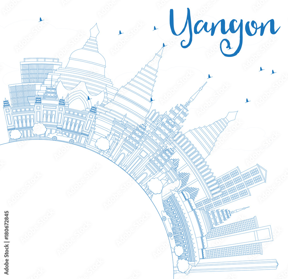 Outline Yangon Skyline with Blue Buildings and Copy Space.