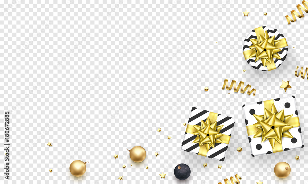 Fototapeta premium New Year or Christmas greeting card background template of golden gift ribbon or gold glittering star confetti on premium white transparent. Vector Christmas winter holiday decoration sale banner