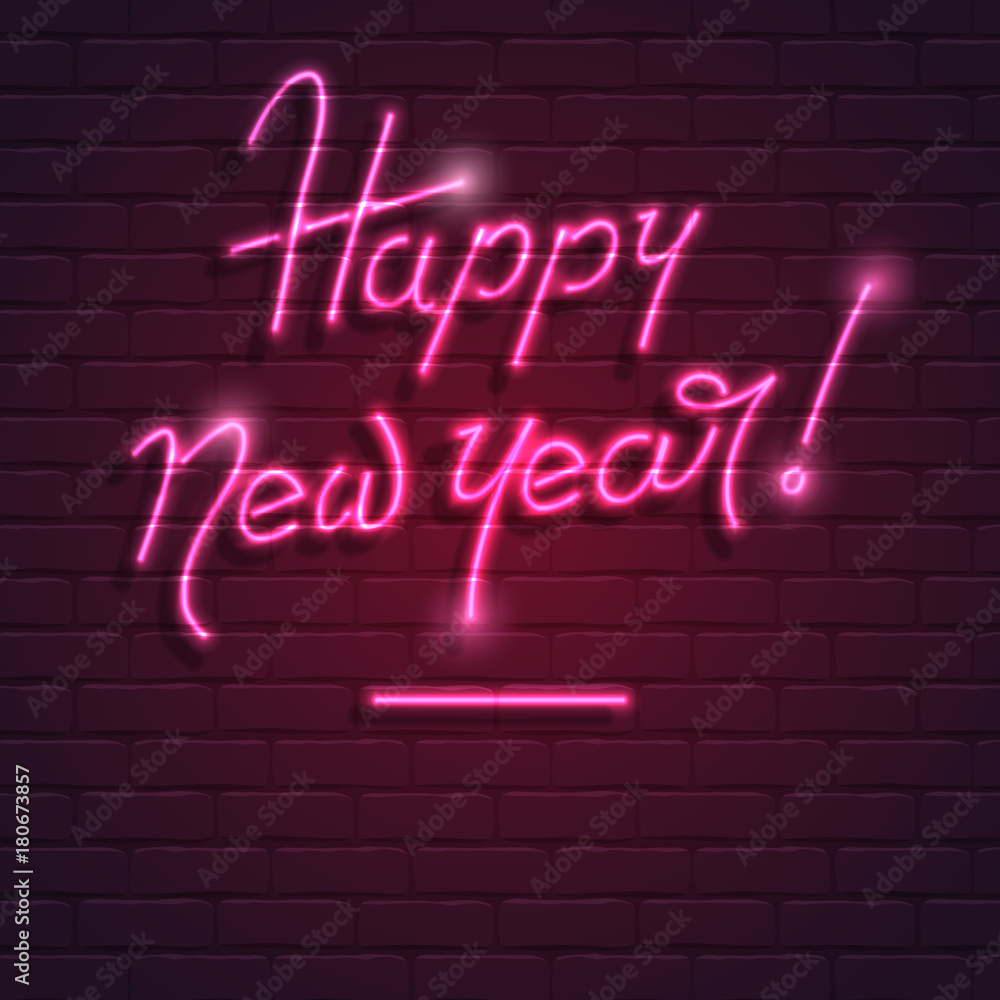 Happy New Year, neon purple text on brick wall background. 3D illustration, template for poster, print design for events