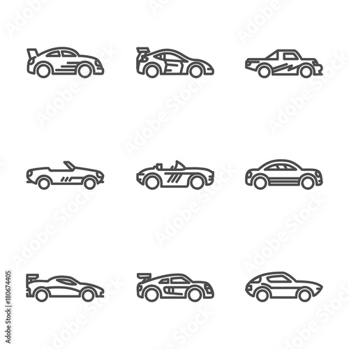 Linear car icon with outline and different kind of car