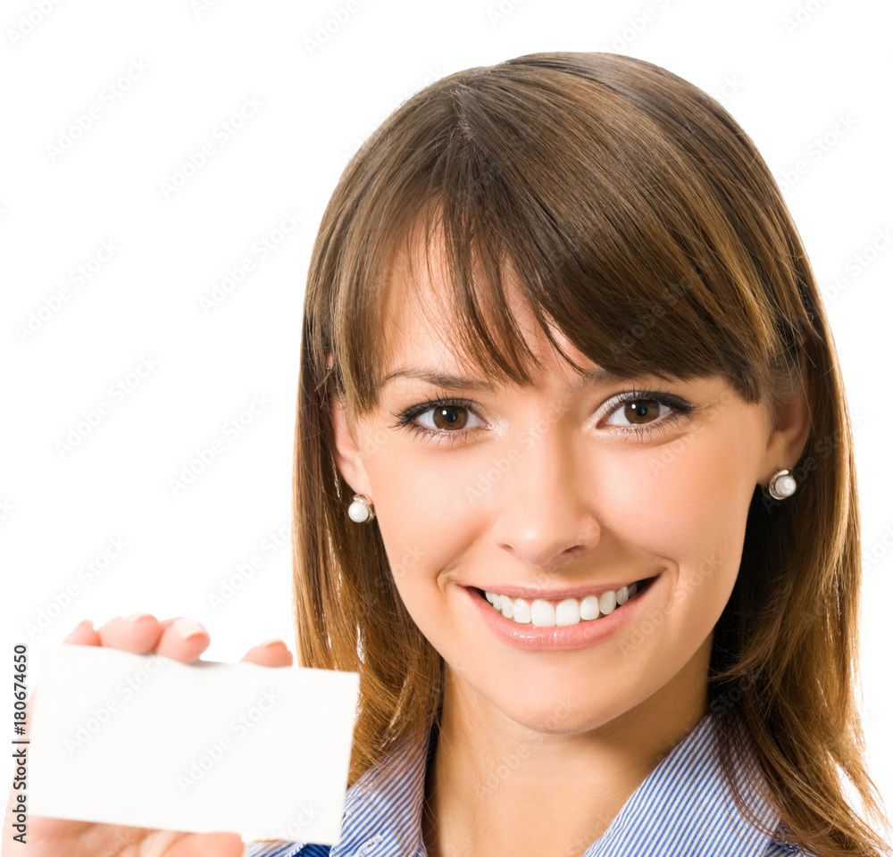 Businesswoman with blank business or plastic card Businesswoman with blank business or plastic card