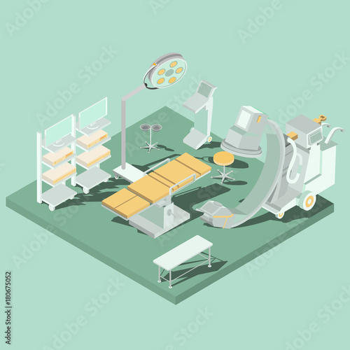 Vector isometric interior of operating theater, operating room with operating table, medical and lighting equipment. Concept of acute surgery, plastic surgery