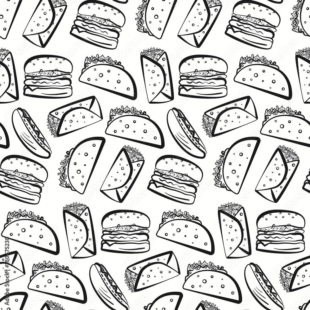 Nice seamless pattern with black outline fast food symbols on white background. Cute cartoon linear fastfood including hamburger, tacos, burrito, hot dog texture for textile, wrapping paper, package