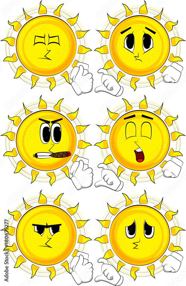 Cartoon sun making friendzone symbol. Collection with sad faces. Expressions vector set.