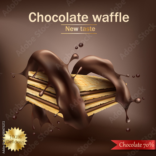 Vector realistic sweet crispy waffle with chocolate filling wrapped in spiral melted chocolate isolated on brown. Chocolate wafer ads, packaging design element, advertising poster template