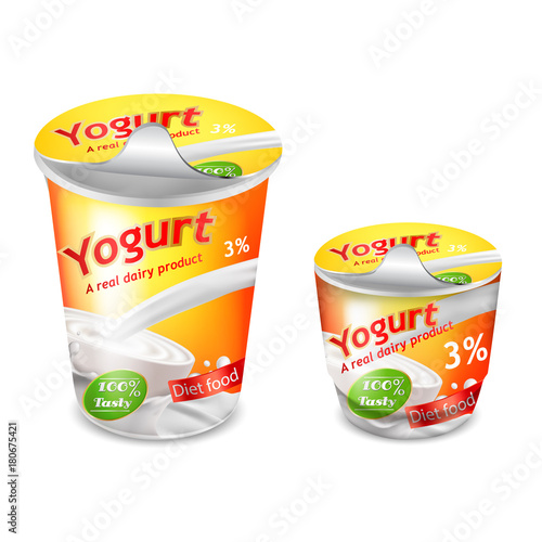 Vector 3D realistic packing for yogurt isolated on white background. Packing template, large and small plastic cup for yogurt with yellow-orange branded design