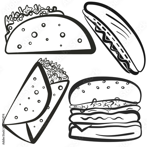 Black outline fast food symbols set. Cute cartoon linear fastfood including hamburger, tacos, burrito, hot dog for fast food restaurant or cafe menu, advertisement, banners, stickers, logo design