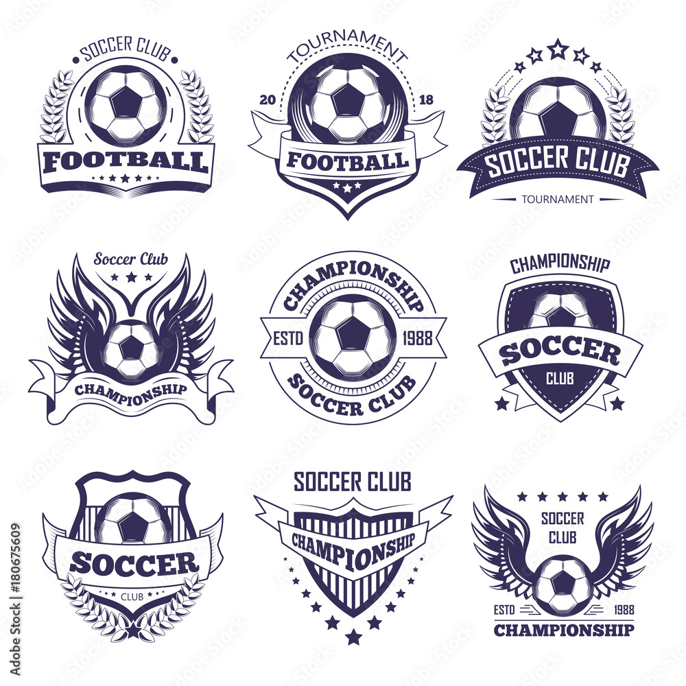 Fototapeta Soccer club or football league vector ball, star wings ribbon vector icons