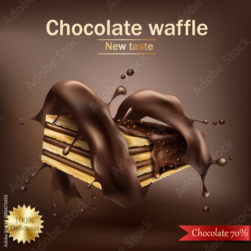 Vector realistic sweet crispy waffle with chocolate filling wrapped in spiral melted chocolate isolated on brown. Chocolate wafer ads, packaging design element, advertising poster template