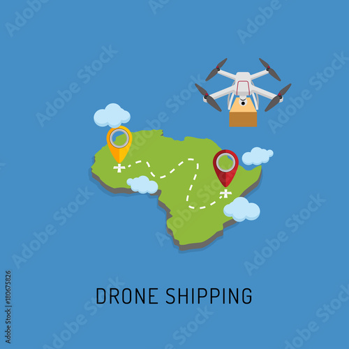 Dron delivers the parcel to the designated place. Flat design.