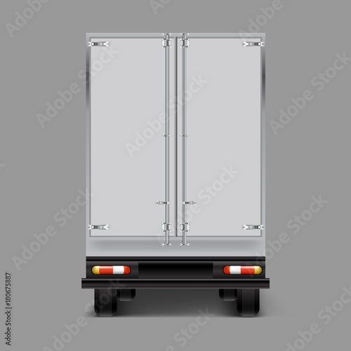 Vector 3d realistic icon of cargo truck, trailer back view, with a shadow isolated on gray background. Mock up, template for truck brand design, company style, identity