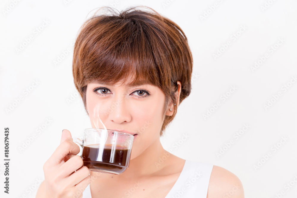 Beautifulyoung Asia woman with a cup of hot coffee. Isolated on white background. Studio lighting. Concept for healthy. Beautifulyoung Asia woman with a cup of hot coffee. Isolated on white background. Studio lighting. Concept for healthy.