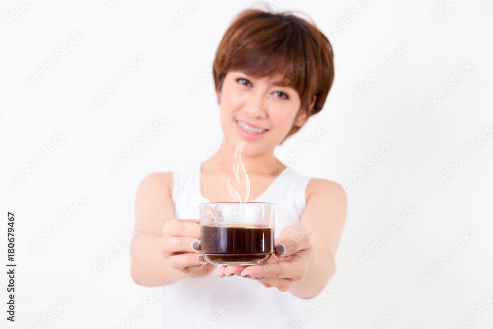 Beautiful young asia woman with a cup of coffee. Isolated on white background. Studio lighting. Concept for healthy. Beautiful young asia woman with a cup of coffee. Isolated on white background. Studio lighting. Concept for healthy.