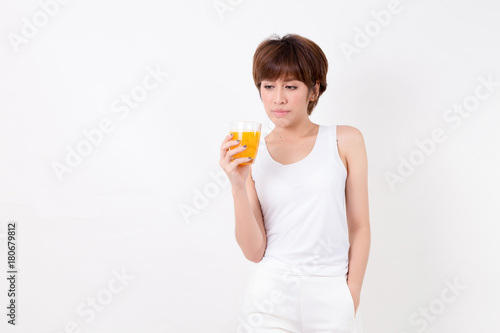 Beautifulyoung Asia woman with healthy food. Isolated on white background. Studio lighting. Concept for healthy.