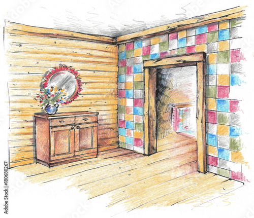 Colorful pencil sketch of a country house. Interior.